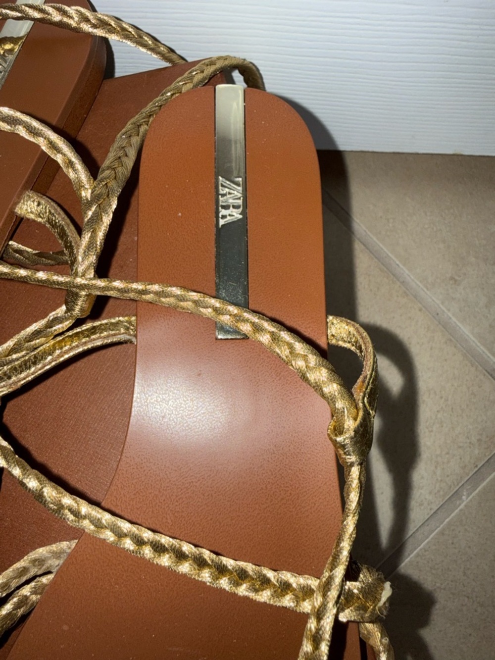 Zara Gold Braided Lace-Up Flat Sandals - Picture 6 of 7